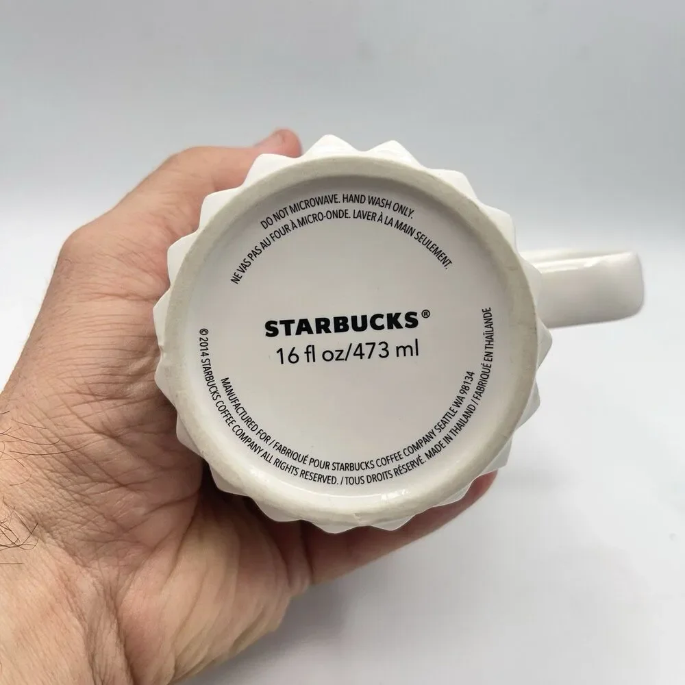 STARBUCKS COFFEE 2014 Tall White Mug Cup Mirror Label Hobnail Base 16 Oz - Picture 10 of 11